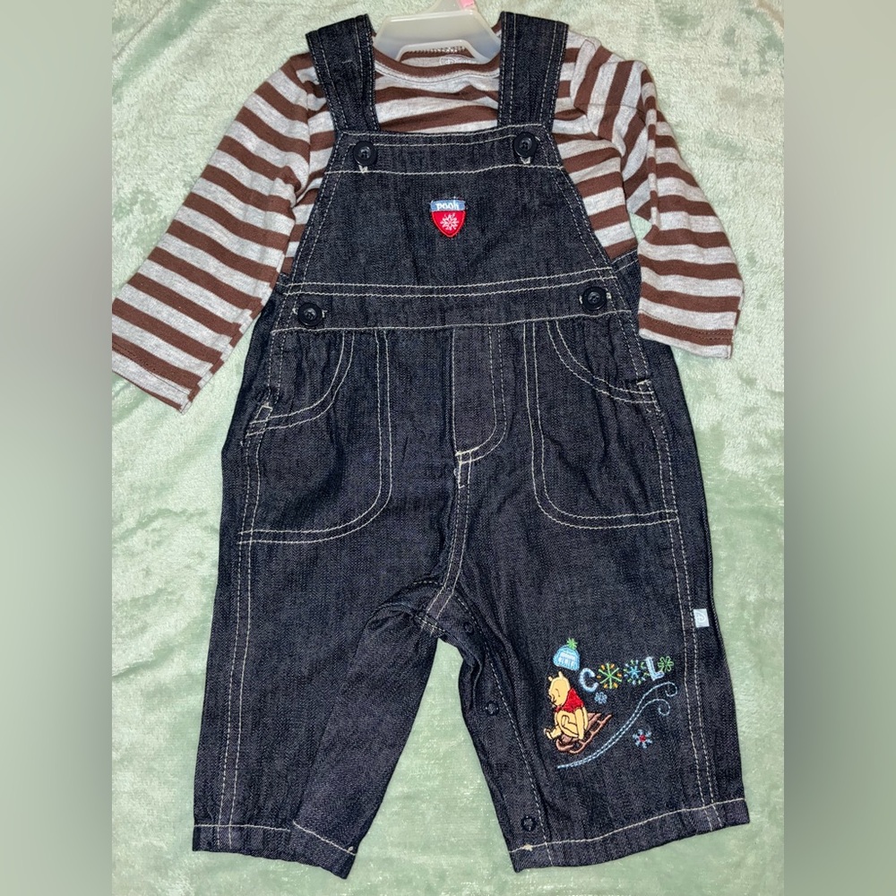 Black Denim Baby Overalls with Brown Stripe Top